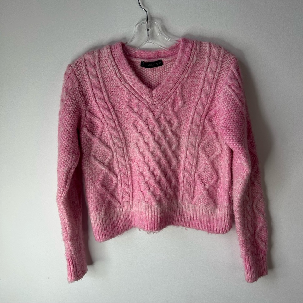 Mango Pink Cable Knit Cropped V-neck Sweater Size M